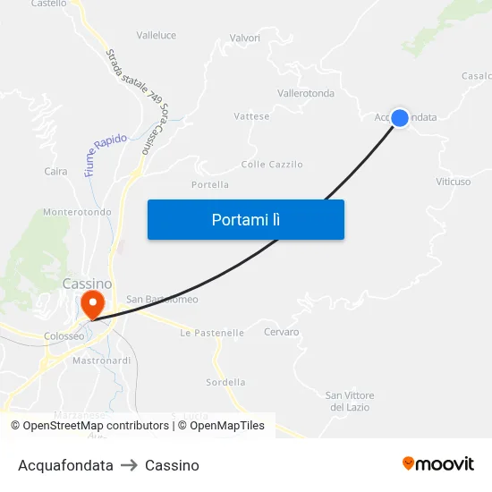 Acquafondata to Cassino map