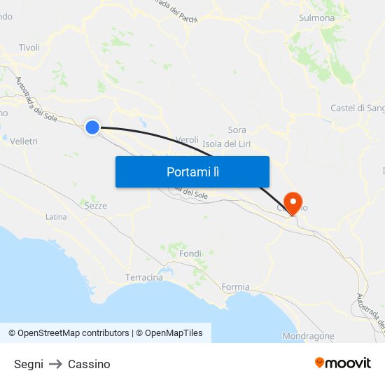 Segni to Cassino map