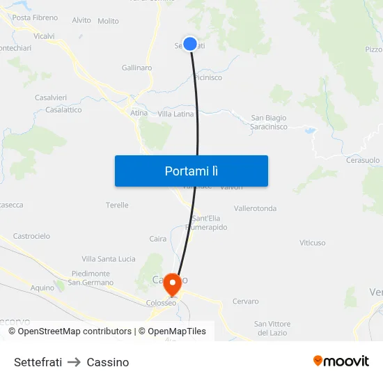 Settefrati to Cassino map