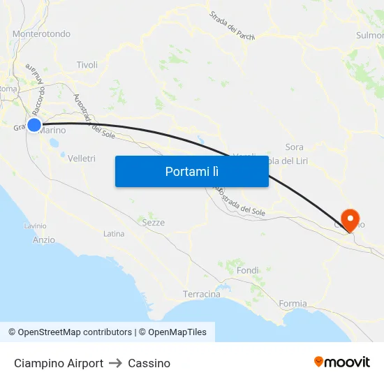 Ciampino Airport to Cassino map