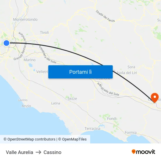 Valle Aurelia to Cassino map