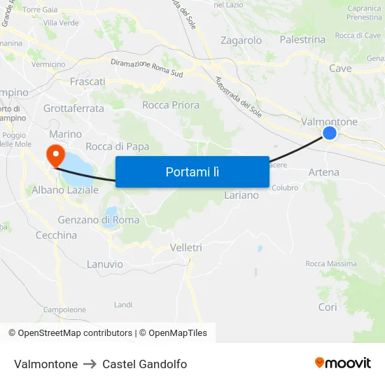 Valmontone to Castel Gandolfo map