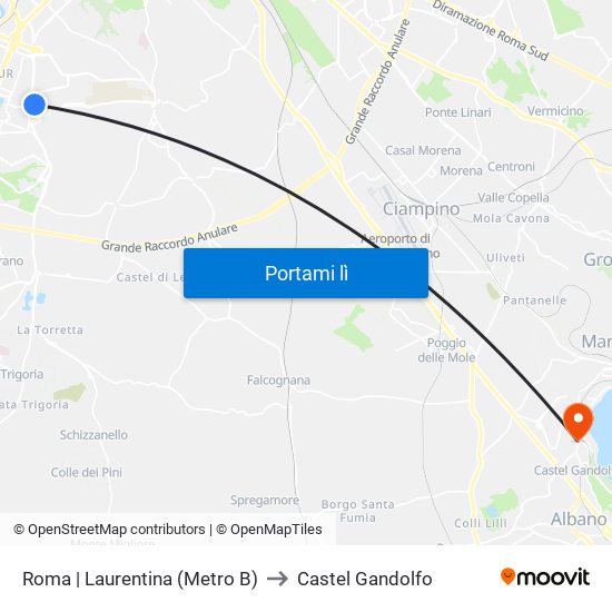 Roma | Laurentina (Metro B) to Castel Gandolfo map