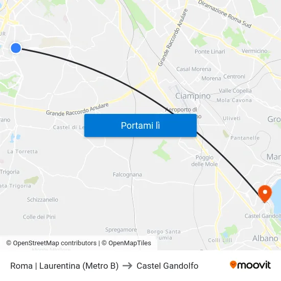 Roma | Laurentina (Metro B) to Castel Gandolfo map