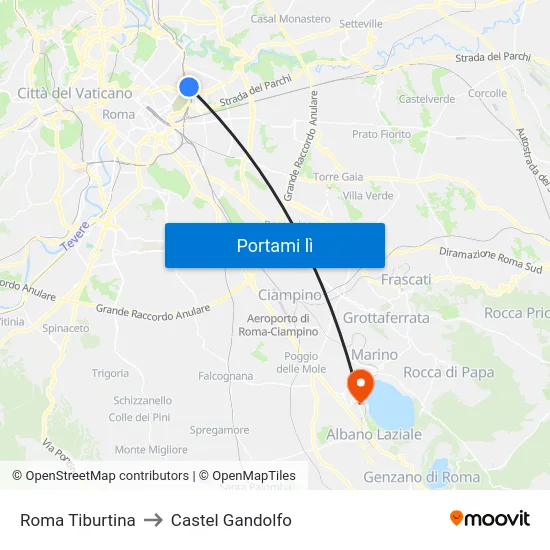 Roma Tiburtina to Castel Gandolfo map