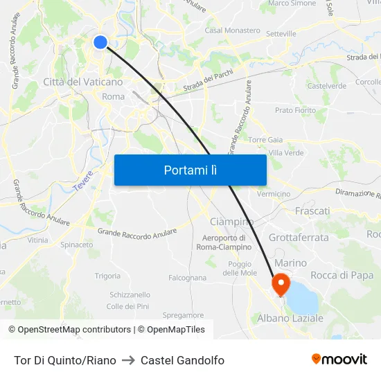 Tor Di Quinto/Riano to Castel Gandolfo map