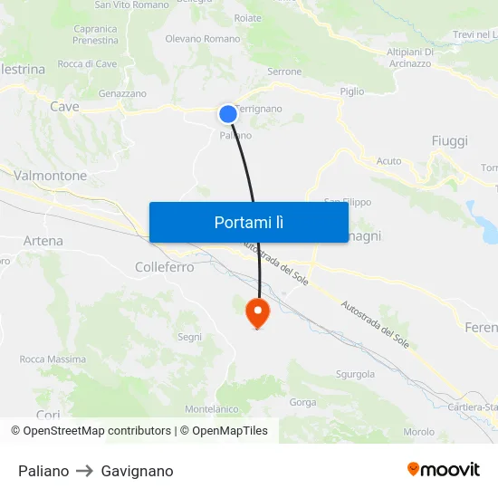 Paliano to Gavignano map