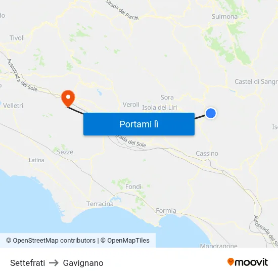 Settefrati to Gavignano map