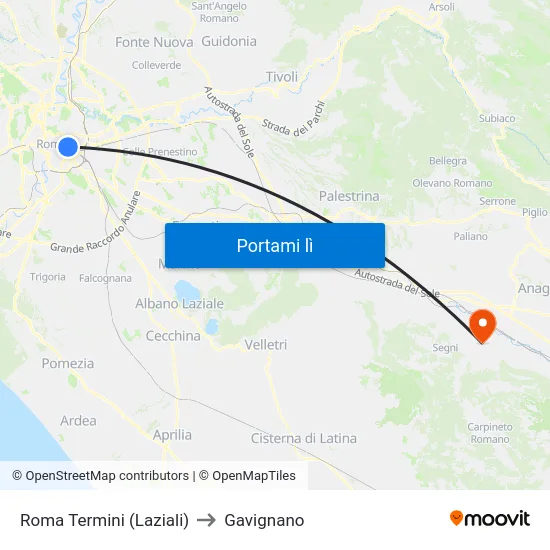 Roma Termini (Laziali) to Gavignano map