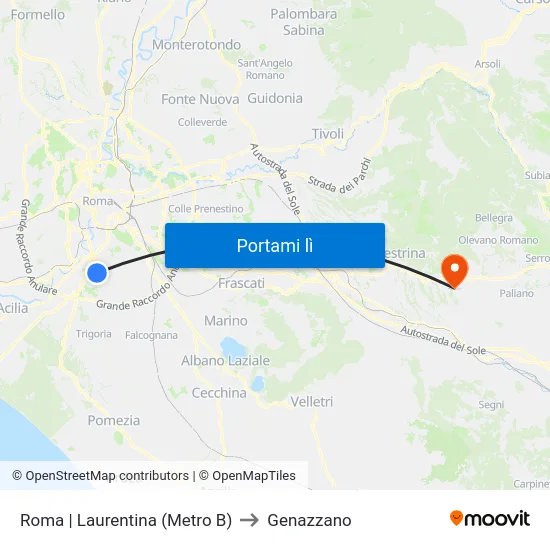 Roma | Laurentina (Metro B) to Genazzano map