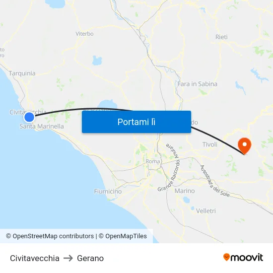 Civitavecchia to Gerano map