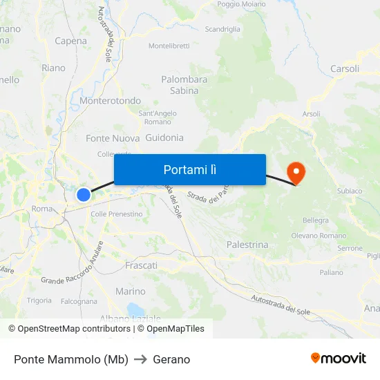Ponte Mammolo (Mb) to Gerano map