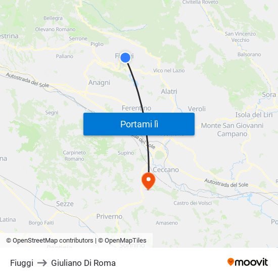 Fiuggi to Giuliano Di Roma map