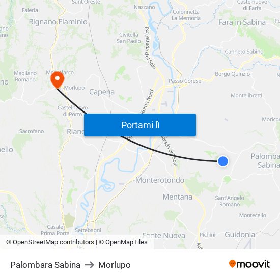 Palombara Sabina to Morlupo map