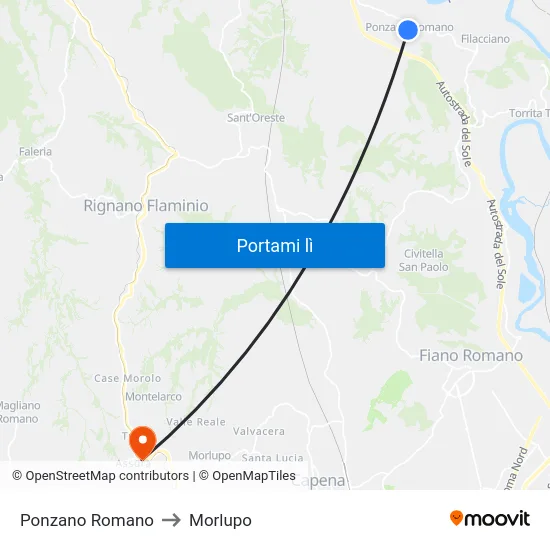 Ponzano Romano to Morlupo map