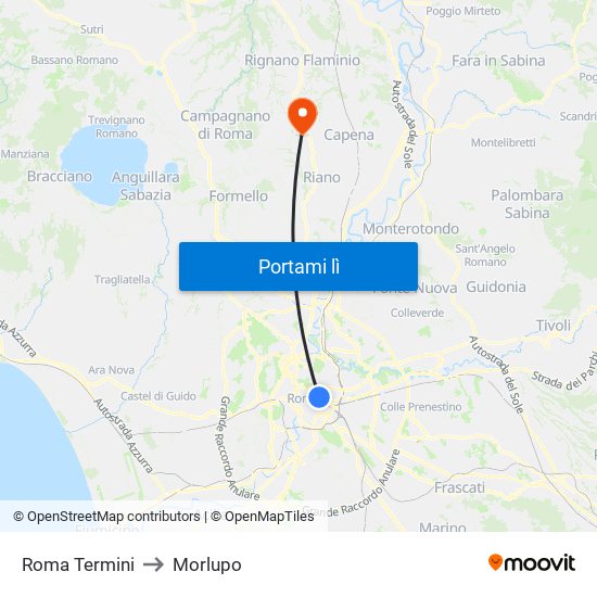 Roma Termini to Morlupo map