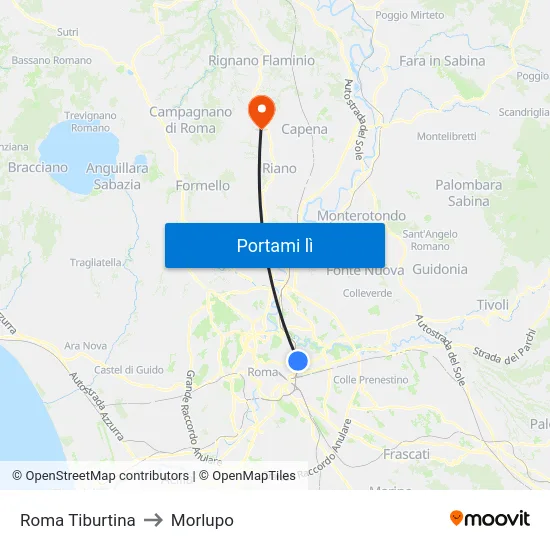 Roma Tiburtina to Morlupo map