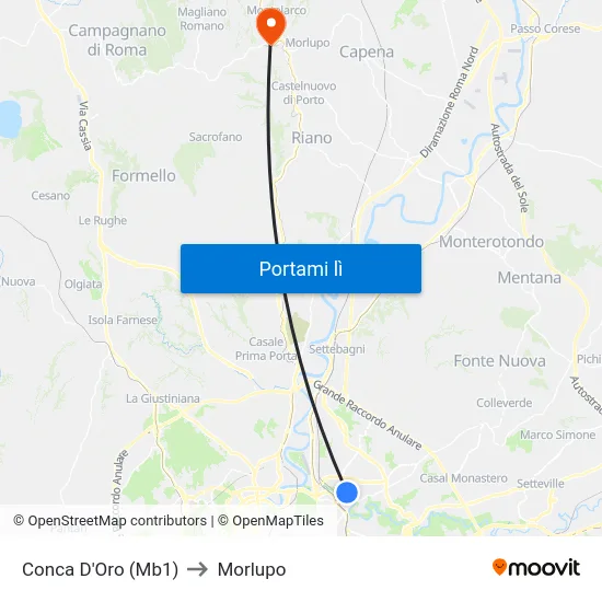 Conca D'Oro (Mb1) to Morlupo map