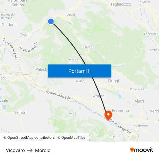 Vicovaro to Morolo map