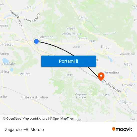 Zagarolo to Morolo map