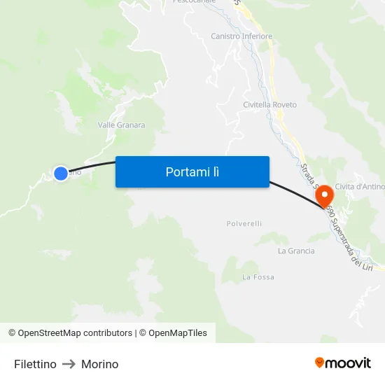 Filettino to Morino map