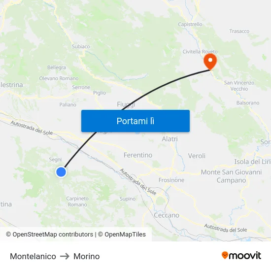 Montelanico to Morino map