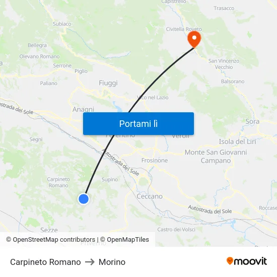 Carpineto Romano to Morino map