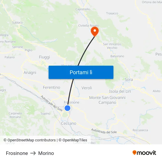 Frosinone to Morino map