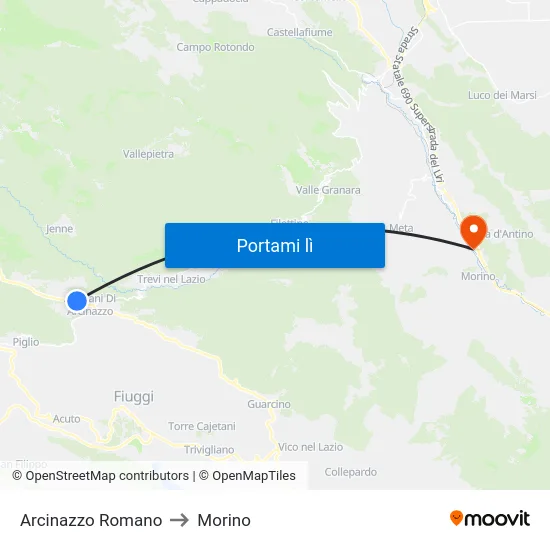 Arcinazzo Romano to Morino map