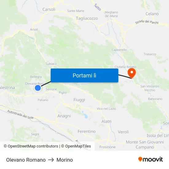 Olevano Romano to Morino map