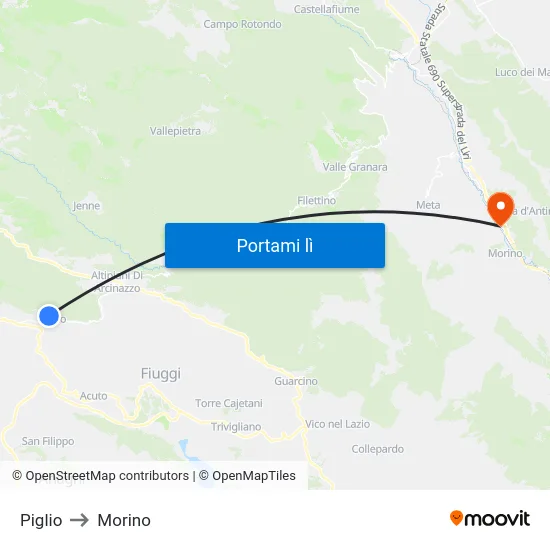 Piglio to Morino map
