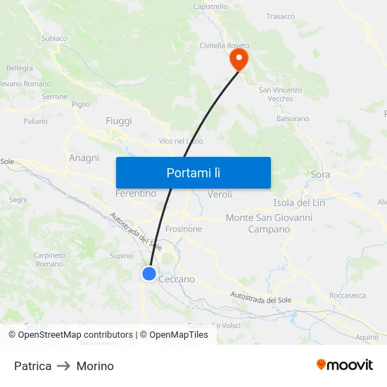Patrica to Morino map