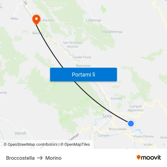 Broccostella to Morino map