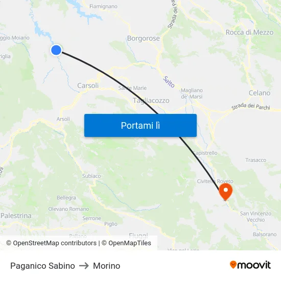 Paganico Sabino to Morino map