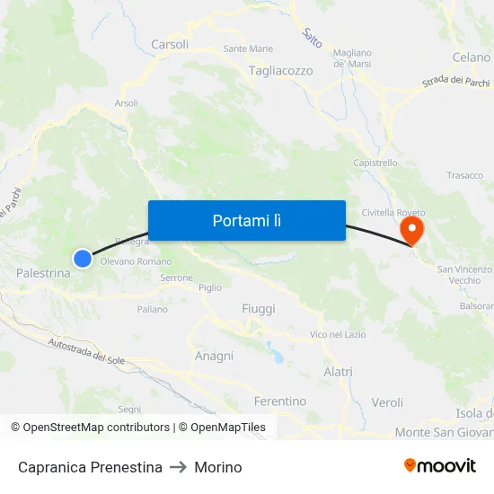 Capranica Prenestina to Morino map