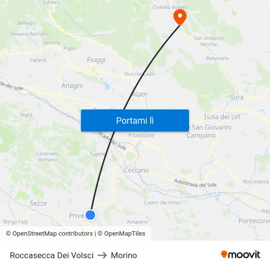 Roccasecca Dei Volsci to Morino map