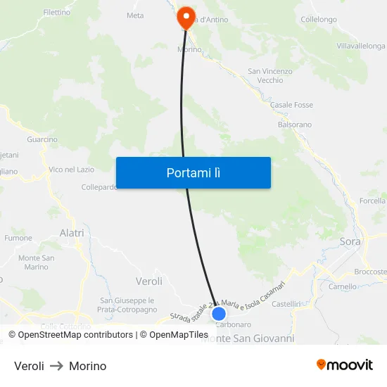 Veroli to Morino map