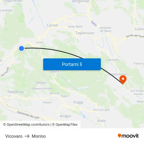 Vicovaro to Morino map