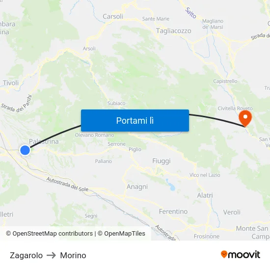 Zagarolo to Morino map