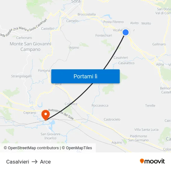 Casalvieri to Arce map