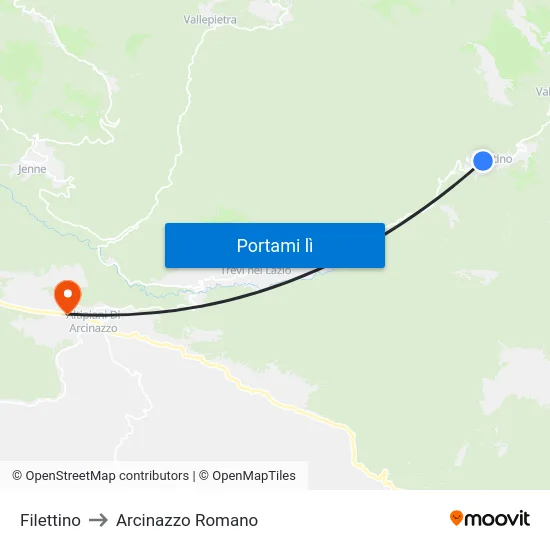 Filettino to Arcinazzo Romano map