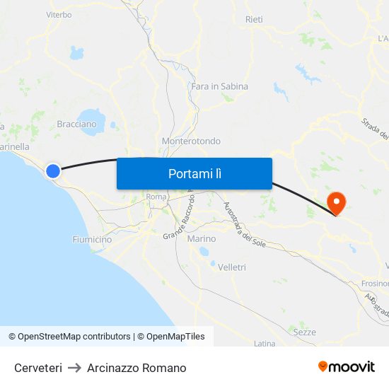 Cerveteri to Arcinazzo Romano map