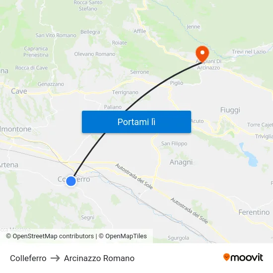 Colleferro to Arcinazzo Romano map