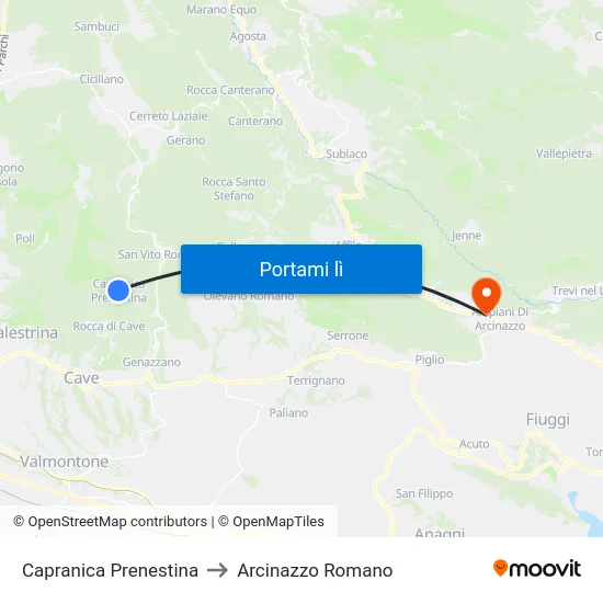 Capranica Prenestina to Arcinazzo Romano map