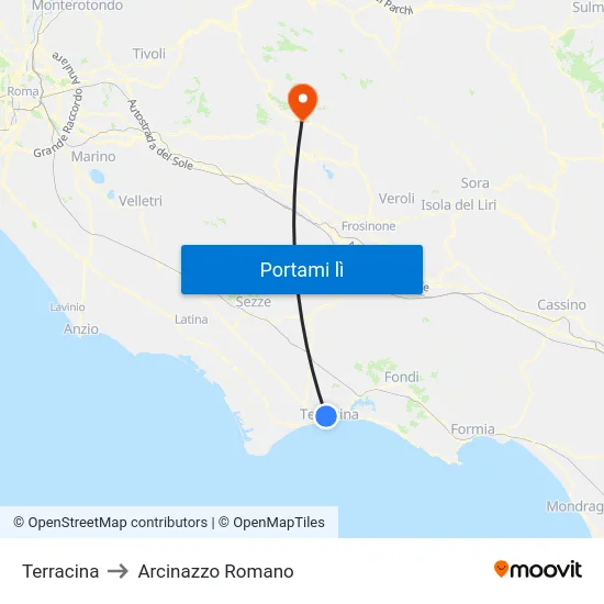 Terracina to Arcinazzo Romano map