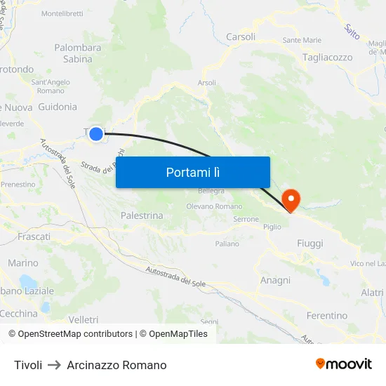 Tivoli to Arcinazzo Romano map