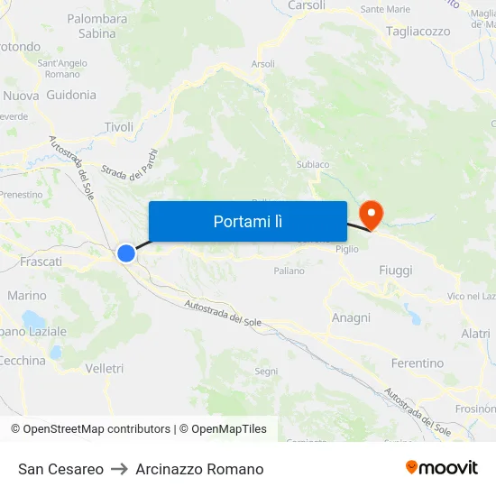 San Cesareo to Arcinazzo Romano map