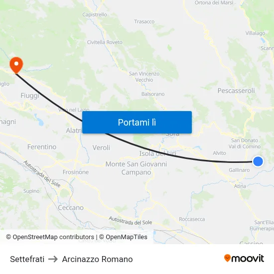 Settefrati to Arcinazzo Romano map