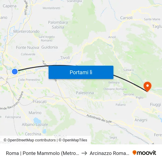 Roma | Ponte Mammolo (Metro B) to Arcinazzo Romano map