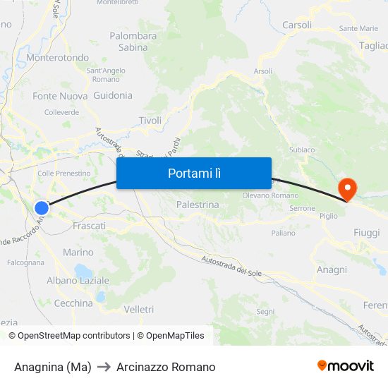 Anagnina (Ma) to Arcinazzo Romano map